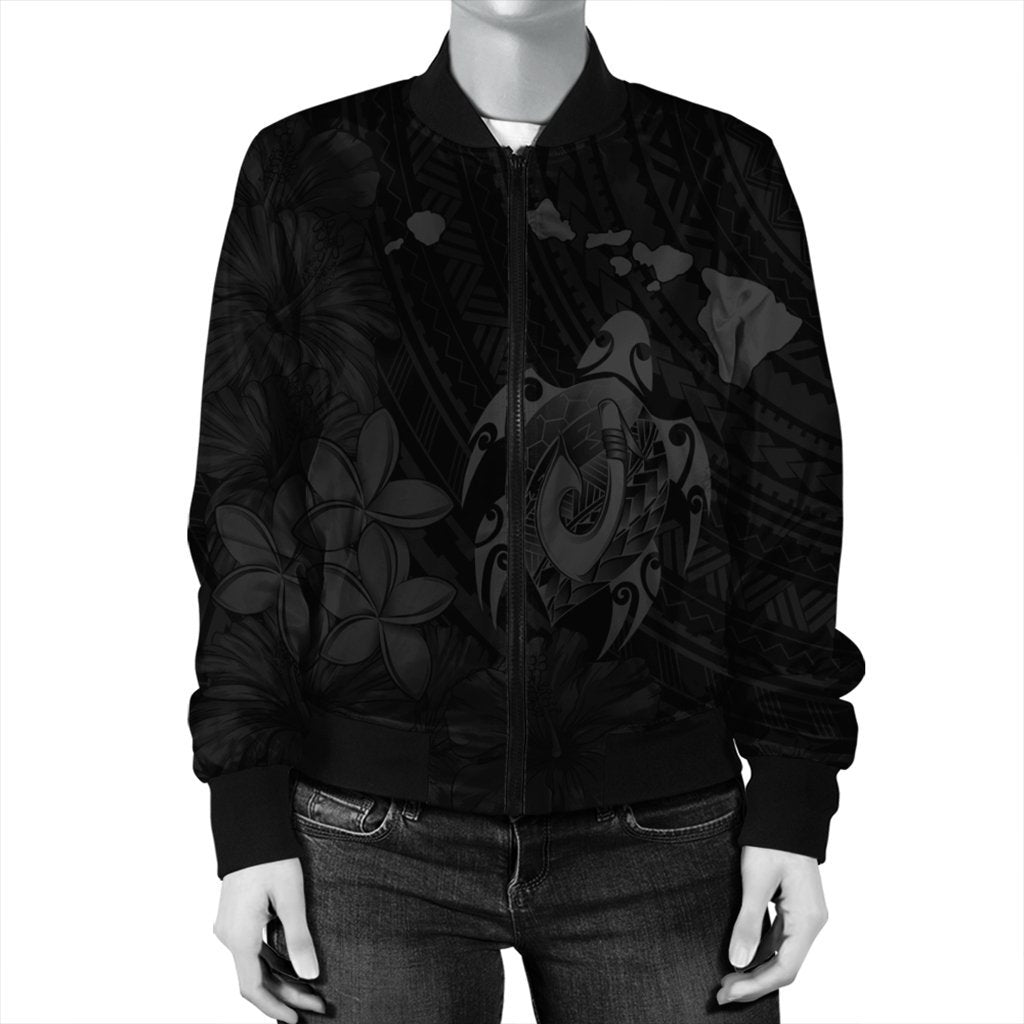 Hawaiian Map Turtle Plumeria Hibiscus Fish Hook Polynesian Bomber Jacket Grey - AH - Polynesian Pride