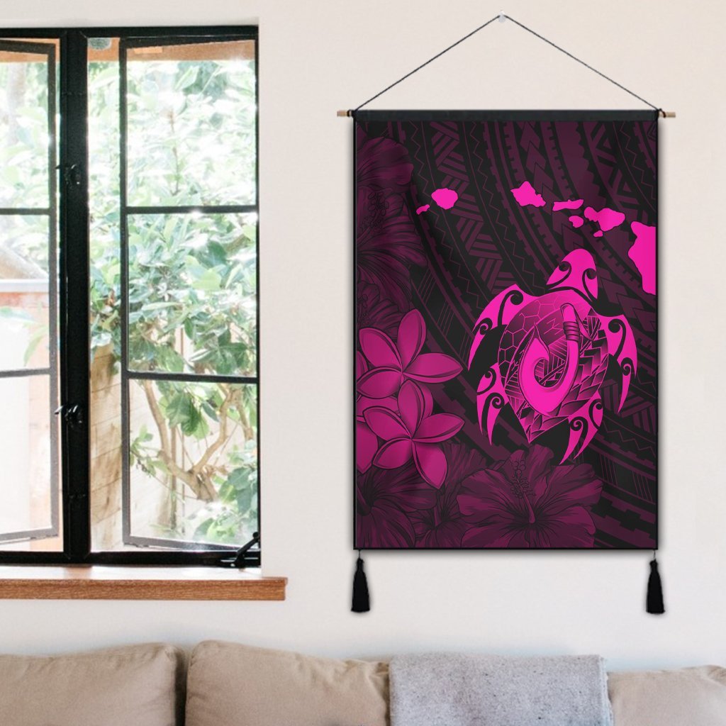 Hawaiian Map Turtle Plumeria Hibiscus Fish Hook Polynesian Hanging Poster Pink - AH - Polynesian Pride