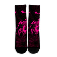 Hawaiian Map Turtle Plumeria Hibiscus Fish Hook Polynesian Crew Socks Pink - AH - Polynesian Pride