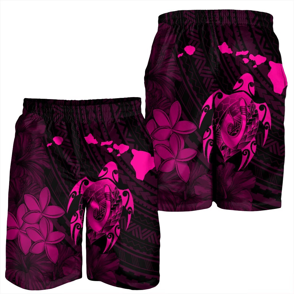Hawaiian Map Turtle Plumeria Hibiscus Fish Hook Polynesian Men's Shorts Pink - AH - Polynesian Pride