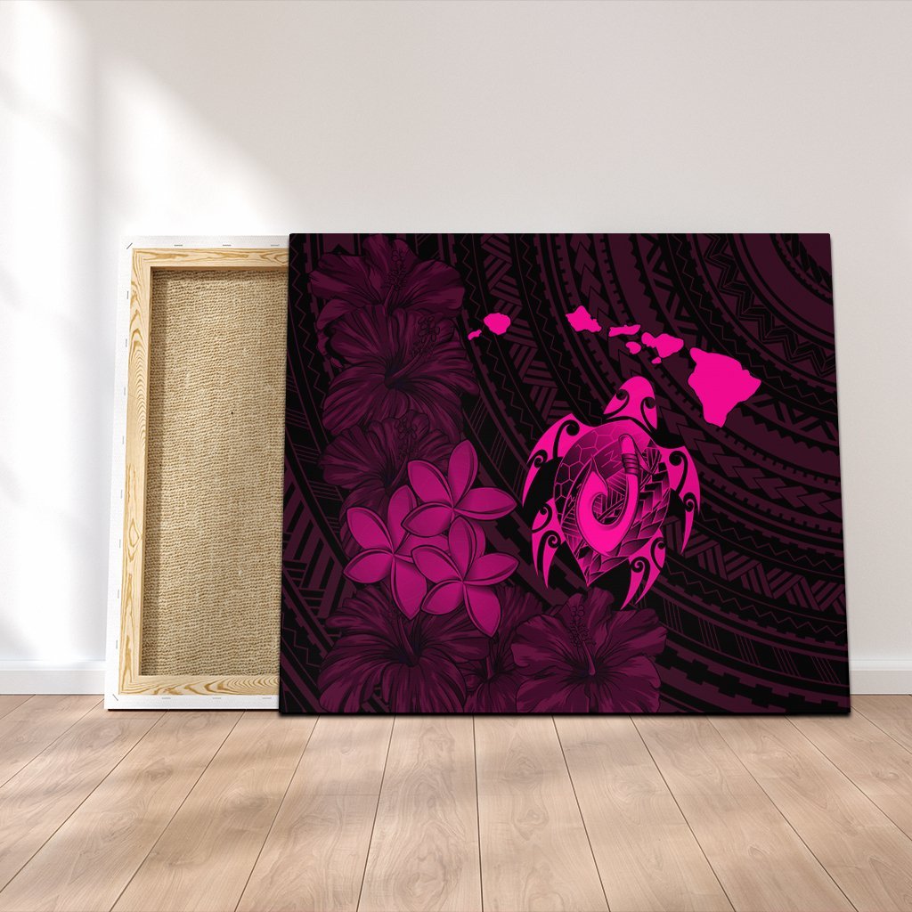 Hawaiian Map Turtle Plumeria Hibiscus Fish Hook Polynesian Canvas Pink - AH Canvas Poly-cotton - Polynesian Pride