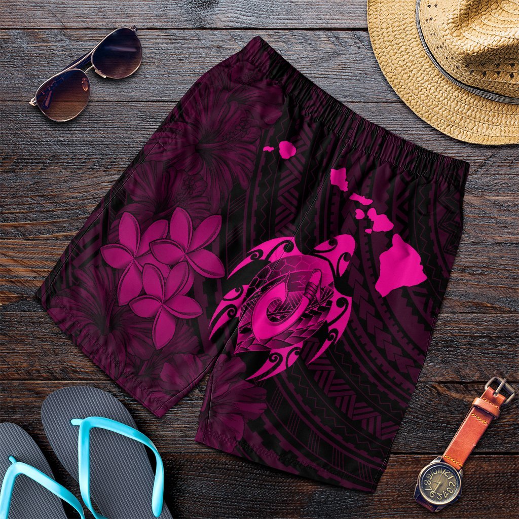 Hawaiian Map Turtle Plumeria Hibiscus Fish Hook Polynesian Men's Shorts Pink - AH Art - Polynesian Pride