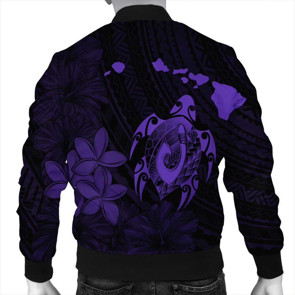 Hawaiian Map Turtle Plumeria Hibiscus Fish Hook Polynesian Bomber Jacket Purple - AH - Polynesian Pride