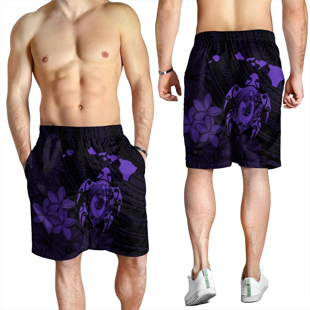 Hawaiian Map Turtle Plumeria Hibiscus Fish Hook Polynesian Men's Shorts Purple - AH - Polynesian Pride