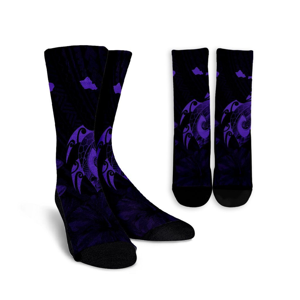Hawaiian Map Turtle Plumeria Hibiscus Fish Hook Polynesian Crew Socks Purple - AH Crew Socks White - Polynesian Pride