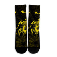 Hawaiian Map Turtle Plumeria Hibiscus Fish Hook Polynesian Crew Socks Yellow - AH - Polynesian Pride