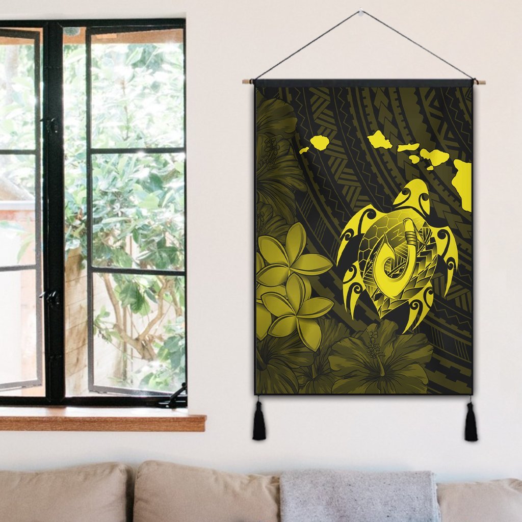 Hawaiian Map Turtle Plumeria Hibiscus Fish Hook Polynesian Hanging Poster Yellow - AH - Polynesian Pride