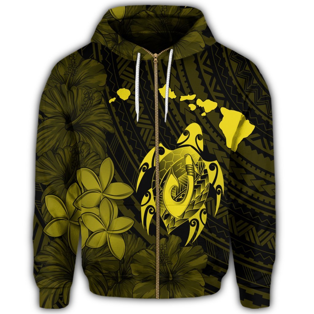 Hawaiian Map Turtle Plumeria Hibiscus Fish Hook Polynesian Zip Hoodie Yellow - Polynesian Pride