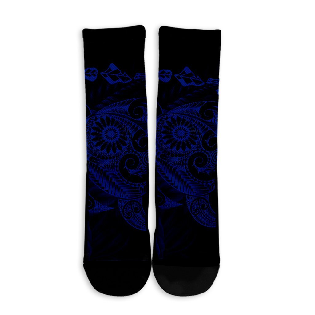 Hawaiian Map Turtle Tattoo Hibiscus Plumeria Polynesian Crew Socks - Blue - AH - Polynesian Pride