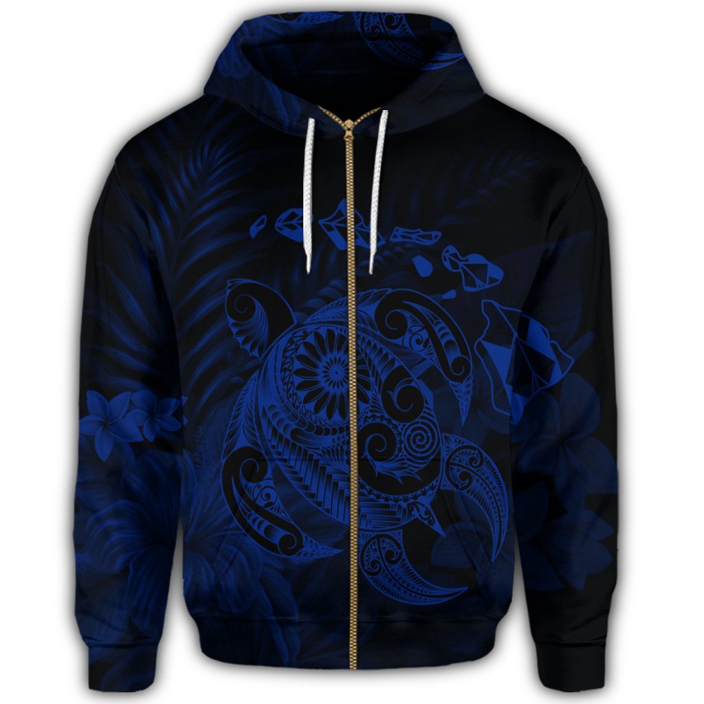Hawaiian Map Turtle Tattoo Hibiscus Plumeria Polynesian Zip Hoodie Blue - Polynesian Pride