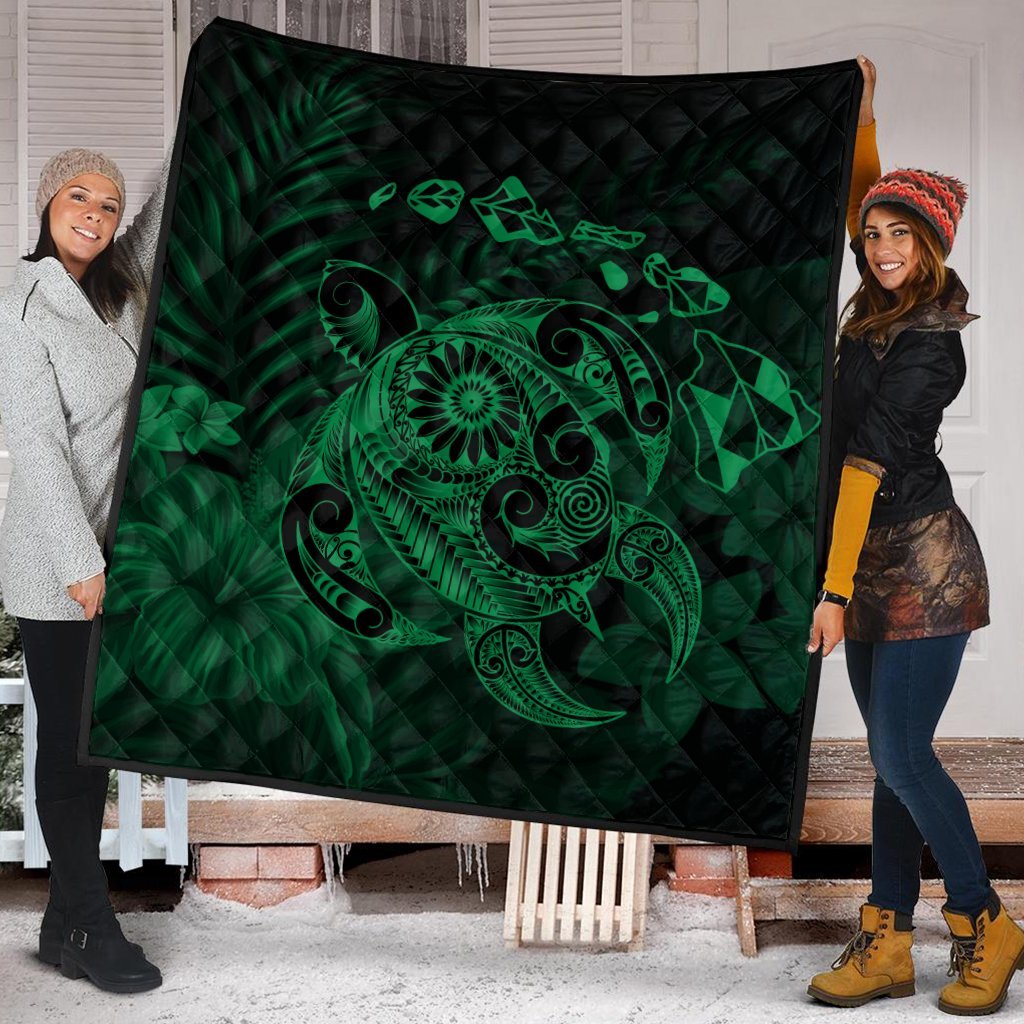 Hawaiian Map Turtle Tattoo Hibiscus Plumeria Polynesian Premium Quilts - Green - AH - Polynesian Pride
