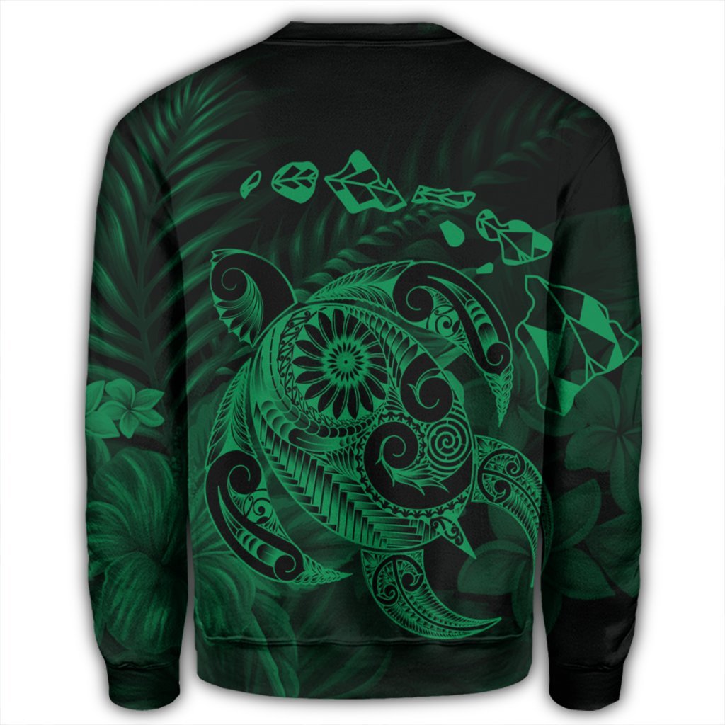 Hawaiian Map Turtle Tattoo Hibiscus Plumeria Polynesian Sweatshirt - Green - AH - Polynesian Pride