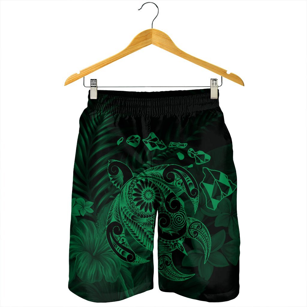 Hawaiian Map Turtle Tattoo Hibiscus Plumeria Polynesian Men's Shorts - Green - AH - Polynesian Pride