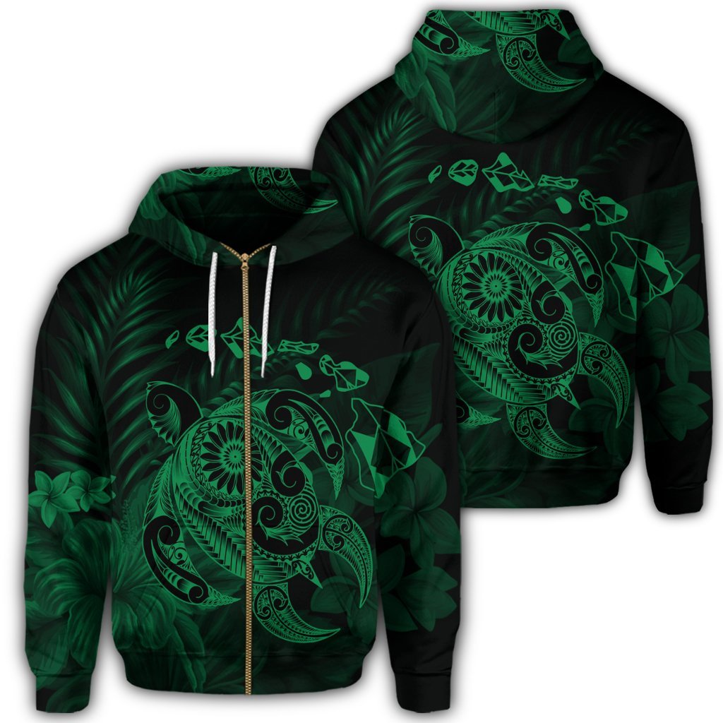 Hawaiian Map Turtle Tattoo Hibiscus Plumeria Polynesian Zip Hoodie Green Unisex Art - Polynesian Pride