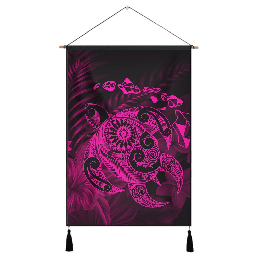 Hawaiian Map Turtle Tattoo Hibiscus Plumeria Polynesian Hanging Poster - Pink - AH Hanging Poster Cotton And Linen - Polynesian Pride