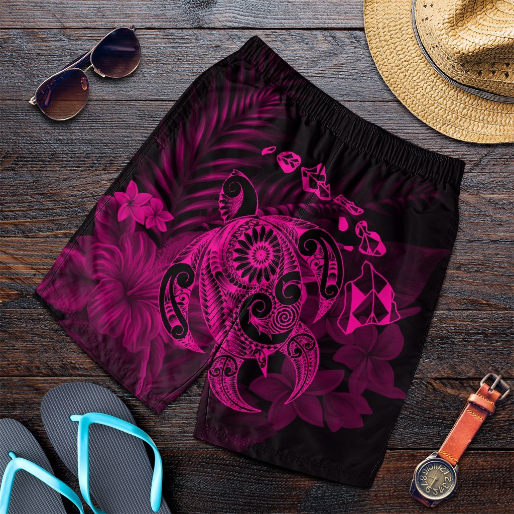 Hawaiian Map Turtle Tattoo Hibiscus Plumeria Polynesian Men's Shorts - Pink - AH Art - Polynesian Pride