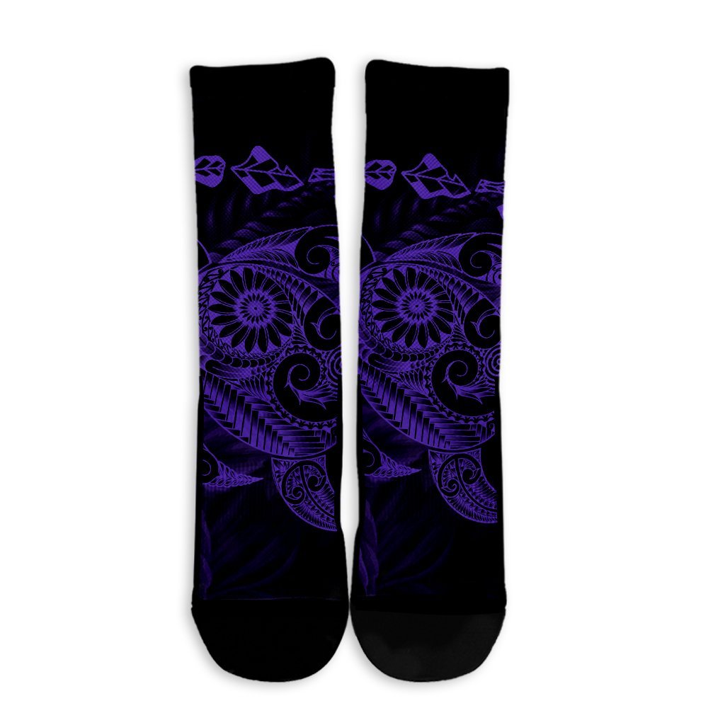 Hawaiian Map Turtle Tattoo Hibiscus Plumeria Polynesian Crew Socks - Purple - AH - Polynesian Pride
