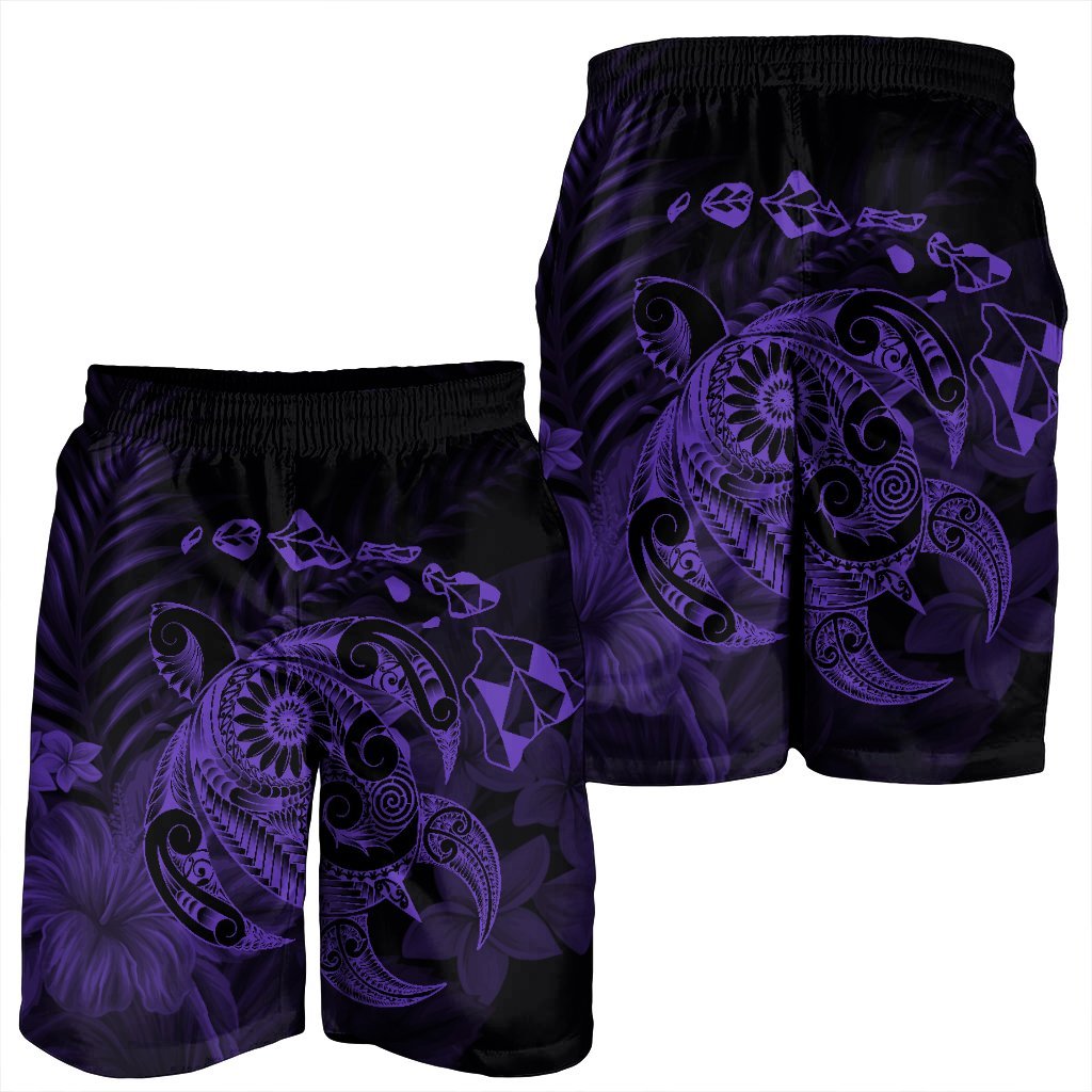 Hawaiian Map Turtle Tattoo Hibiscus Plumeria Polynesian Men's Shorts - Purple - AH - Polynesian Pride