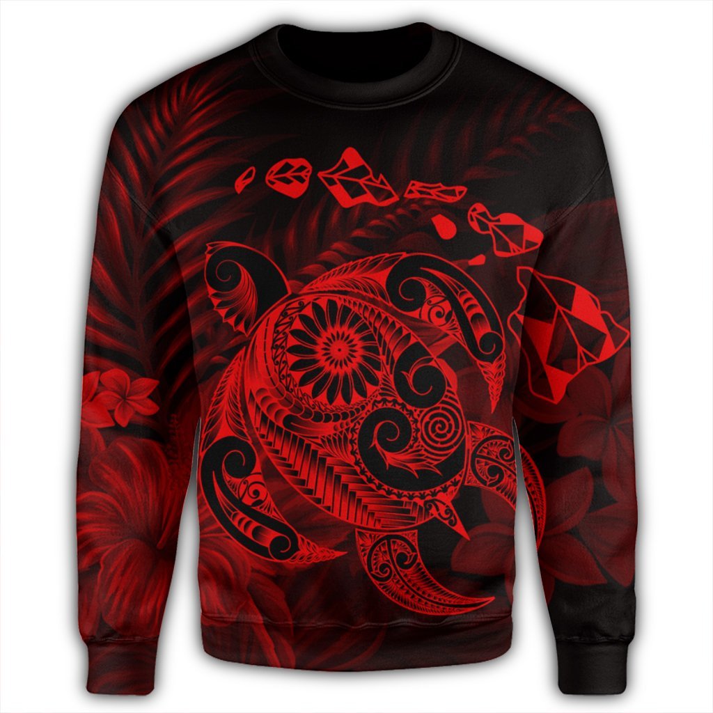 Hawaiian Map Turtle Tattoo Hibiscus Plumeria Polynesian Sweatshirt - Red - AH - Polynesian Pride