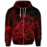 Hawaiian Map Turtle Tattoo Hibiscus Plumeria Polynesian Zip Hoodie Red - Polynesian Pride