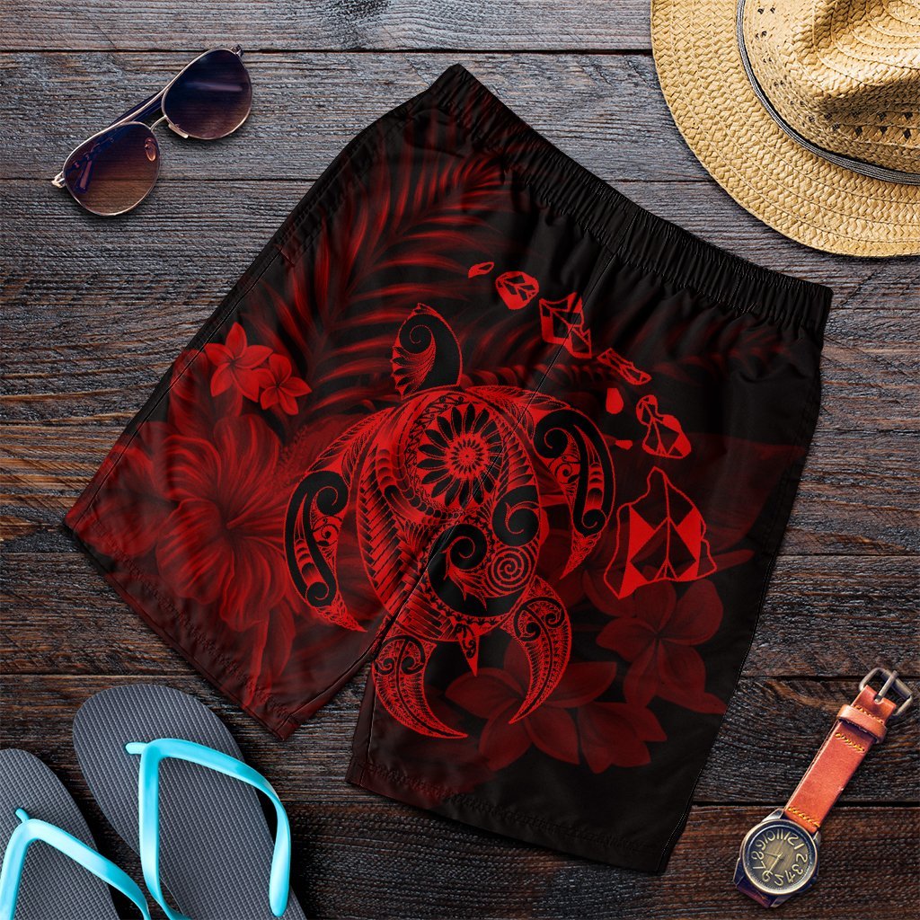 Hawaiian Map Turtle Tattoo Hibiscus Plumeria Polynesian Men's Shorts - Red - AH Art - Polynesian Pride
