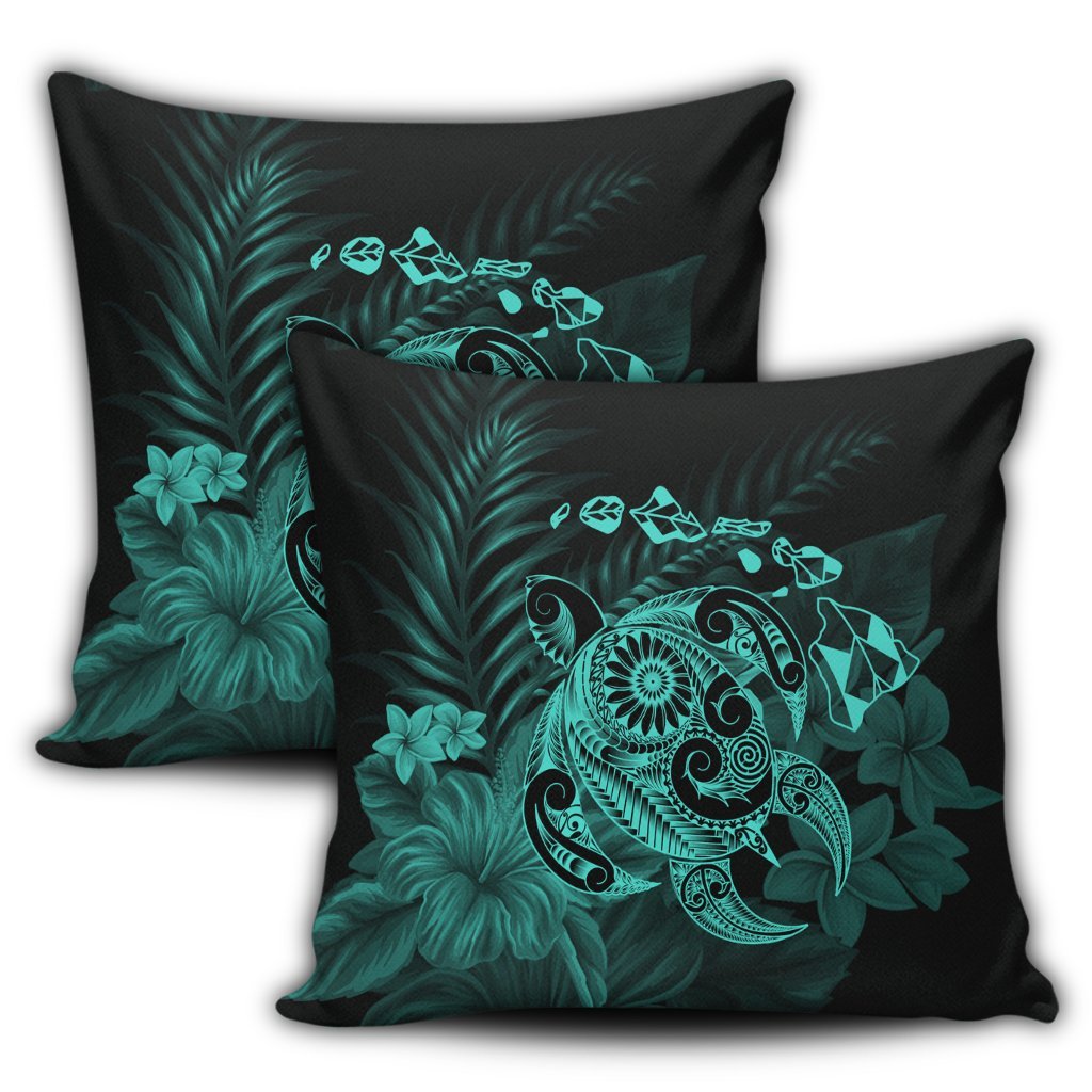 Hawaiian Map Turtle Tattoo Hibiscus Plumeria Polynesian Pillow Covers - Turquoise - AH - Polynesian Pride