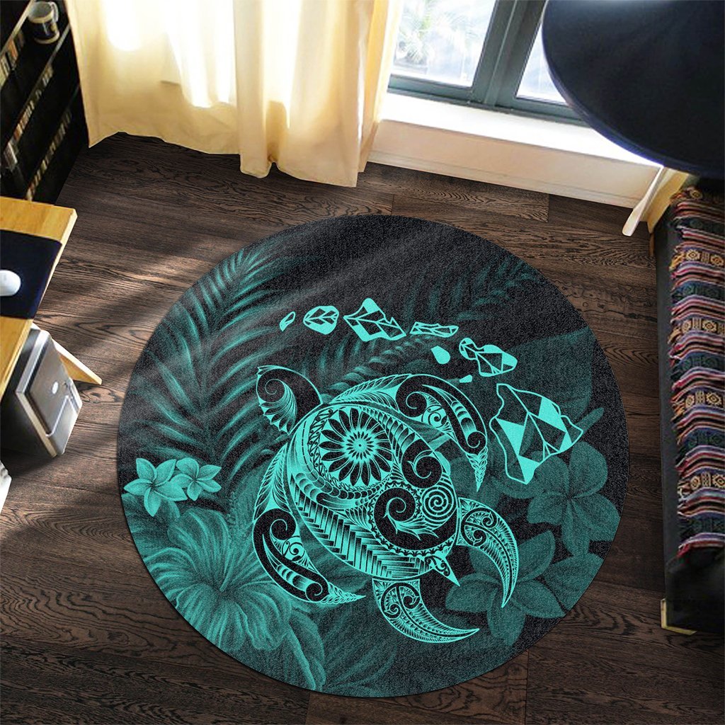Hawaiian Map Turtle Tattoo Hibiscus Plumeria Polynesian Round Carpet - Turquoise - AH - Polynesian Pride