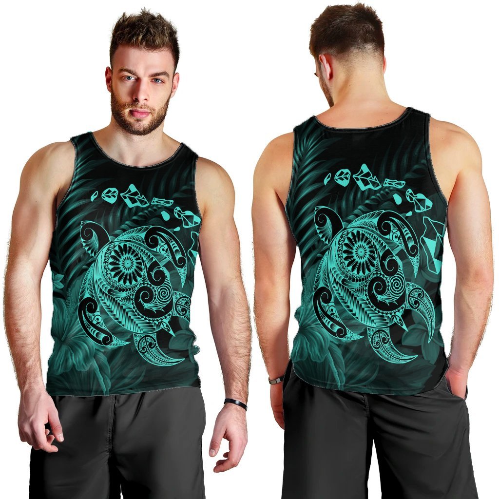 Hawaiian Map Turtle Tattoo Hibiscus Plumeria Polynesian Tank Top - Turquoise - AH - Polynesian Pride