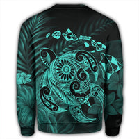 Hawaiian Map Turtle Tattoo Hibiscus Plumeria Polynesian Sweatshirt - Turquoise - AH - Polynesian Pride
