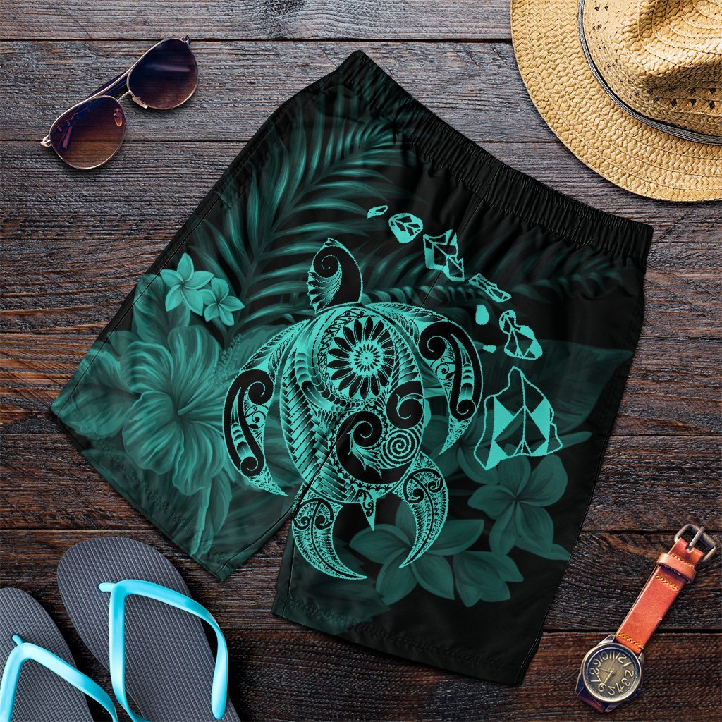 Hawaiian Map Turtle Tattoo Hibiscus Plumeria Polynesian Men's Shorts - Turquoise - AH Art - Polynesian Pride