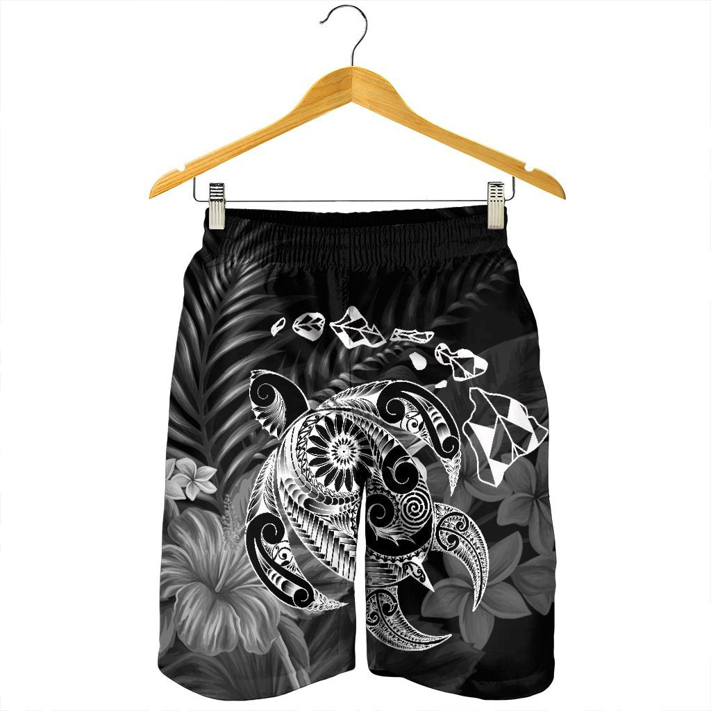 Hawaiian Map Turtle Tattoo Hibiscus Plumeria Polynesian Men's Shorts - White - AH - Polynesian Pride