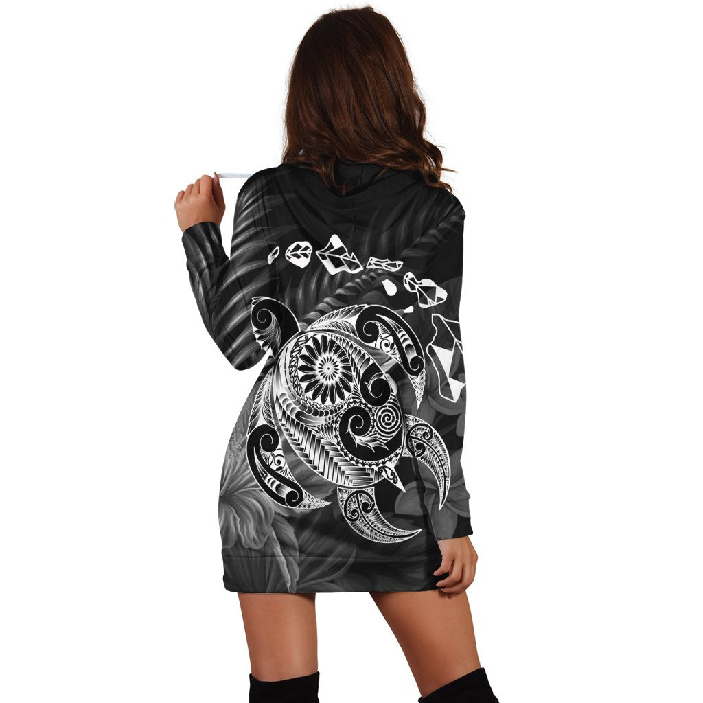 Hawaiian Map Turtle Tattoo Hibiscus Plumeria Polynesian Hoodie Dress - White - AH - Polynesian Pride