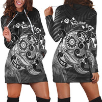 Hawaiian Map Turtle Tattoo Hibiscus Plumeria Polynesian Hoodie Dress - White - AH Black - Polynesian Pride