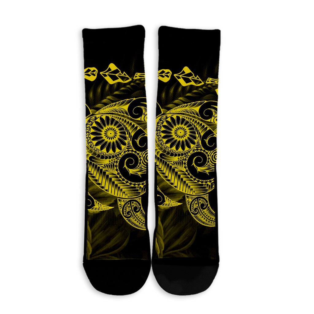 Hawaiian Map Turtle Tattoo Hibiscus Plumeria Polynesian Crew Socks - Yellow - AH - Polynesian Pride