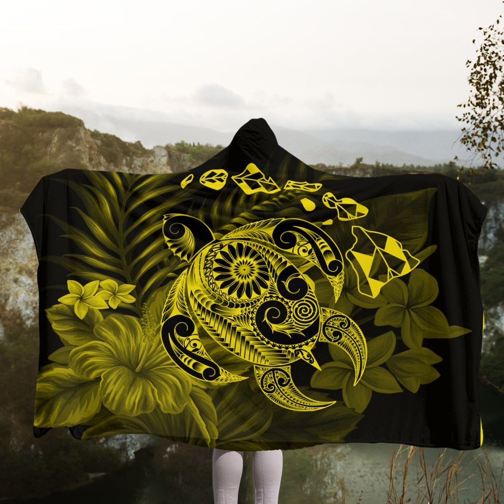 Hawaiian Map Turtle Tattoo Hibiscus Plumeria Polynesian Hooded Blanket - Yellow - AH - Polynesian Pride
