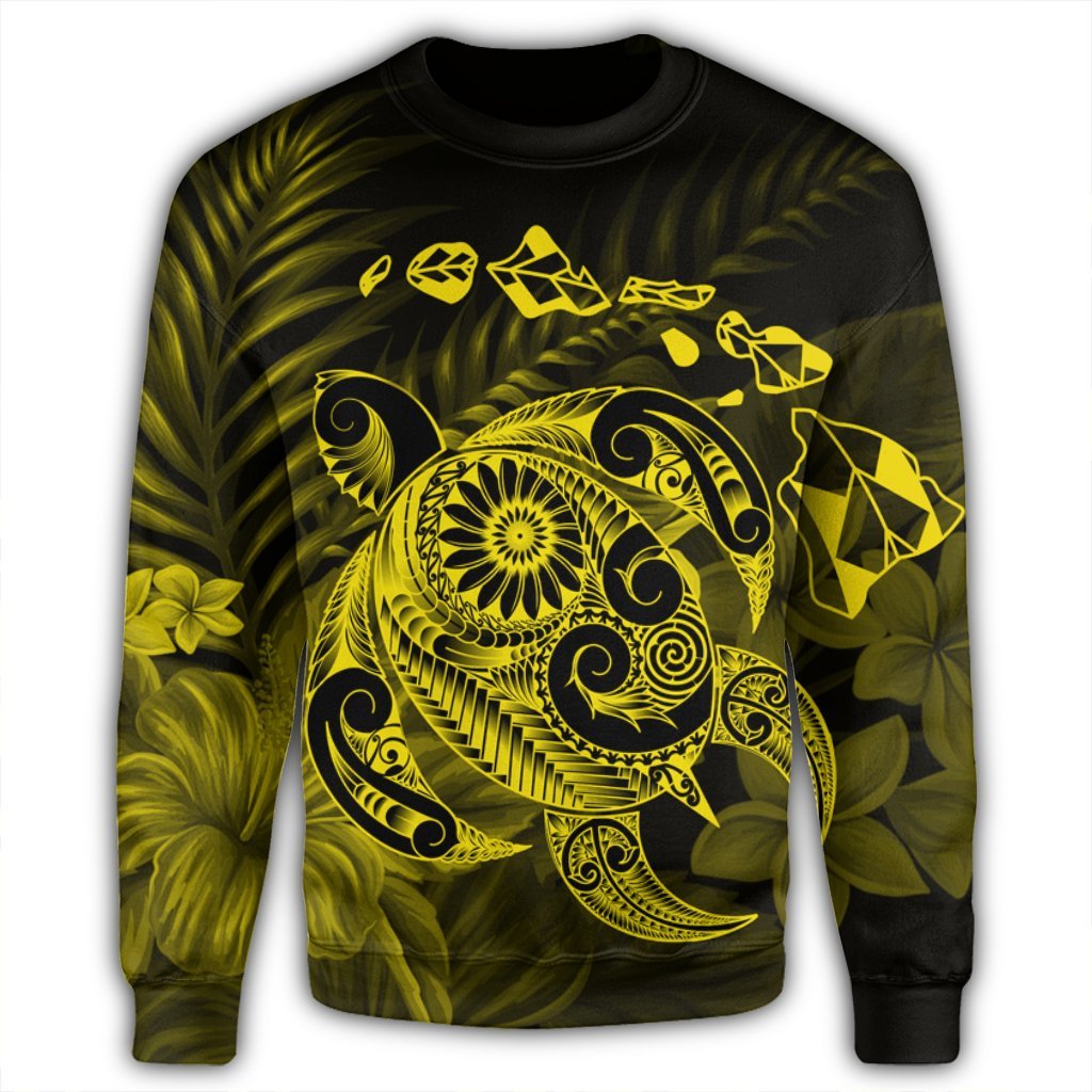 Hawaiian Map Turtle Tattoo Hibiscus Plumeria Polynesian Sweatshirt - Yellow - AH - Polynesian Pride