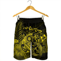 Hawaiian Map Turtle Tattoo Hibiscus Plumeria Polynesian Men's Shorts - Yellow - AH - Polynesian Pride