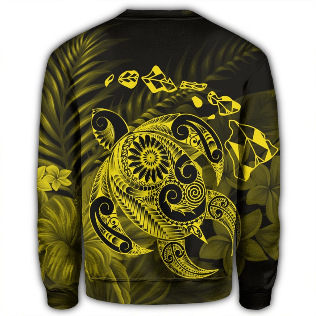Hawaiian Map Turtle Tattoo Hibiscus Plumeria Polynesian Sweatshirt - Yellow - AH - Polynesian Pride