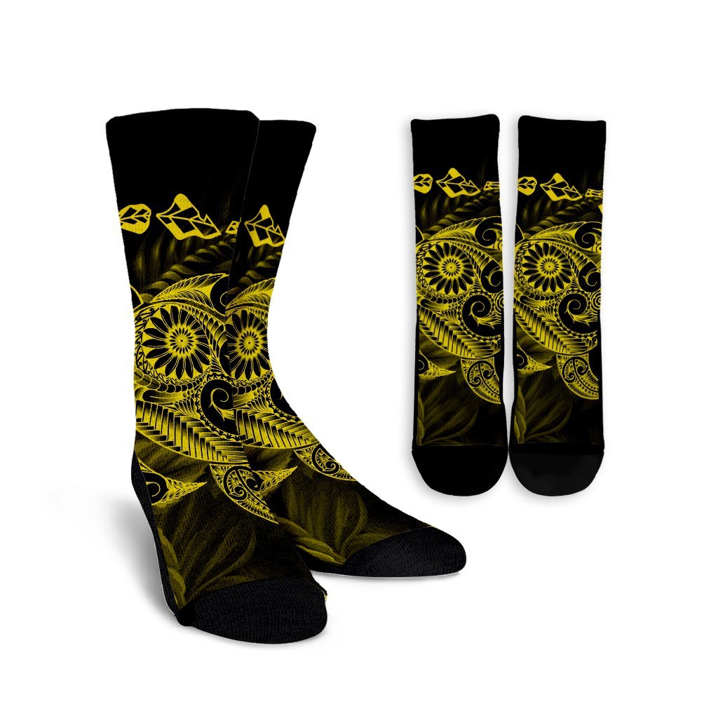 Hawaiian Map Turtle Tattoo Hibiscus Plumeria Polynesian Crew Socks - Yellow - AH Crew Socks White - Polynesian Pride