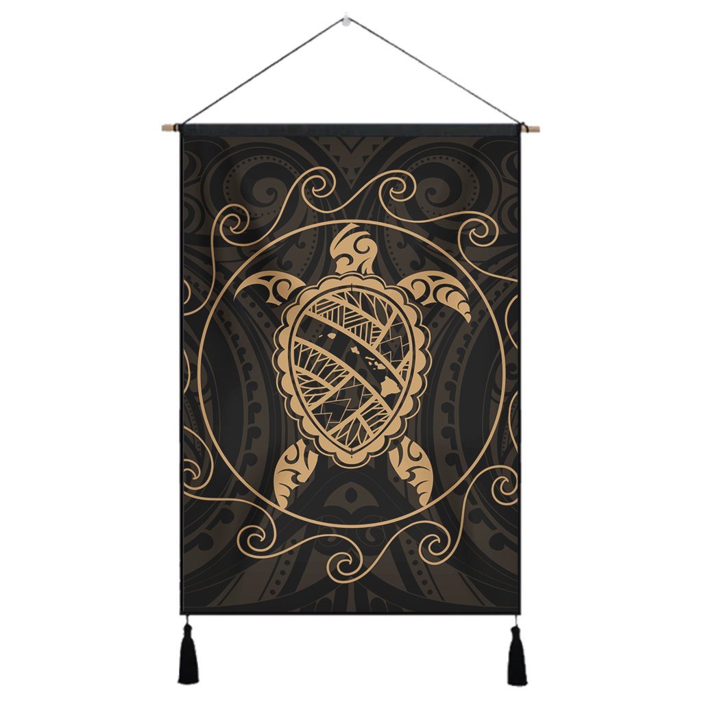 Hawaiian Map Turtle Wave Polynesian Hanging Poster Gold - AH Hanging Poster Cotton And Linen - Polynesian Pride
