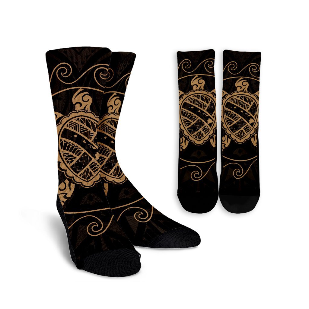 Hawaiian Map Turtle Wave Polynesian Crew Socks Gold - AH Crew Socks White - Polynesian Pride