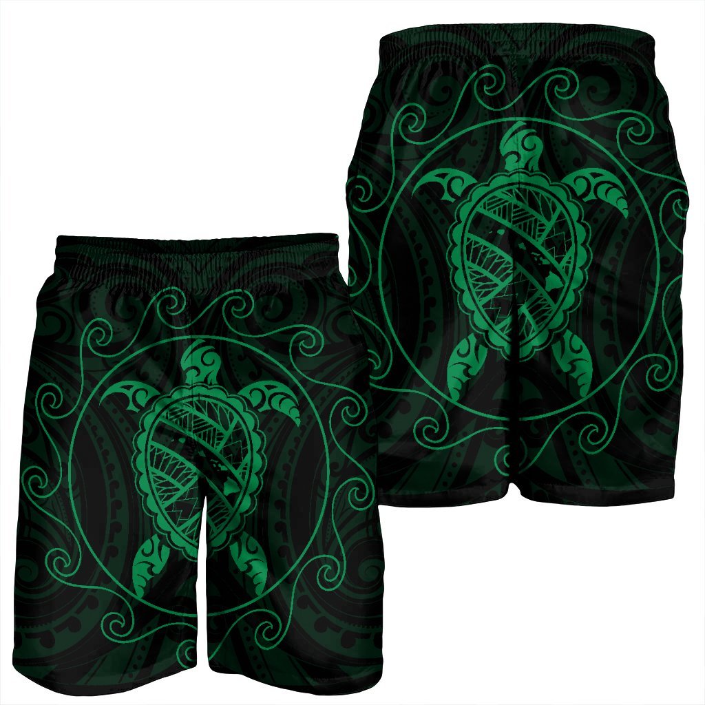 Hawaiian Map Turtle Wave Polynesian Men's Shorts Green - AH - Polynesian Pride