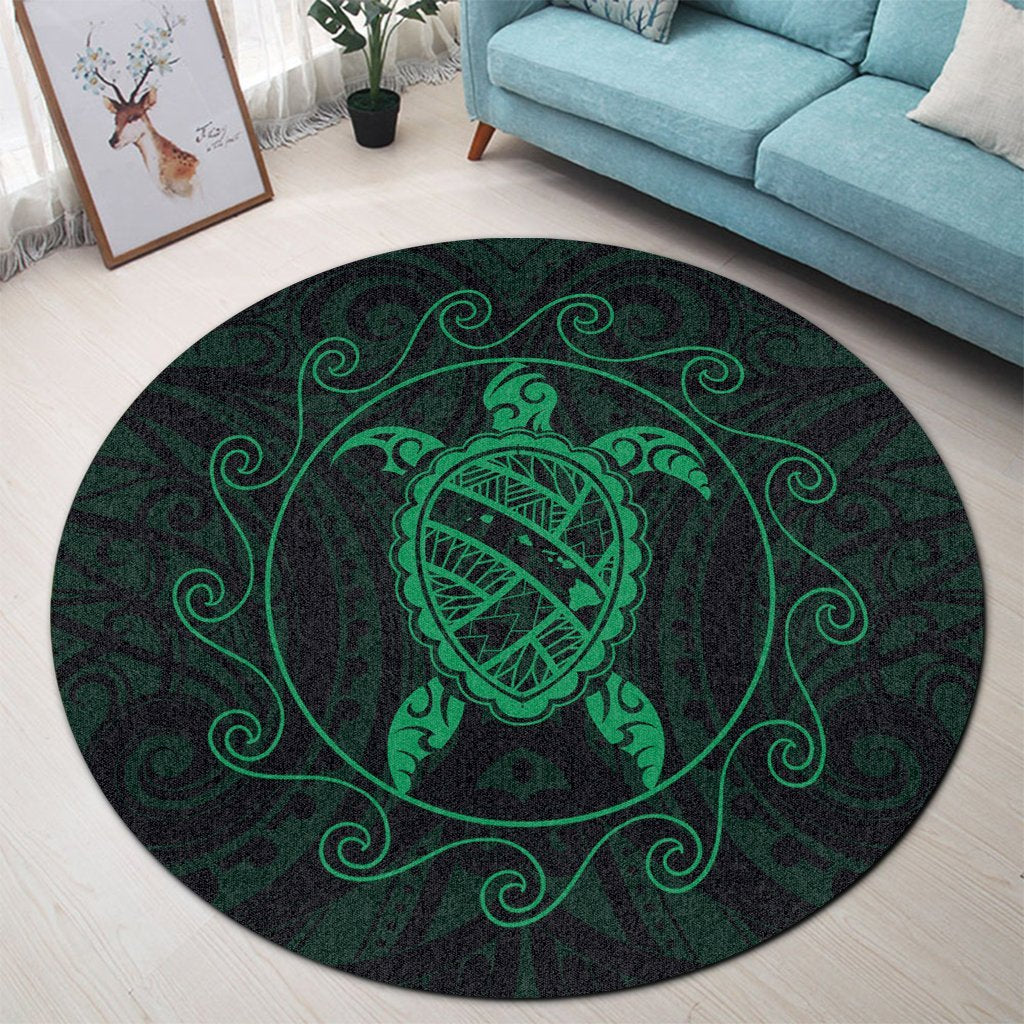 Hawaiian Map Turtle Wave Polynesian Round Carpet Green - AH - Polynesian Pride