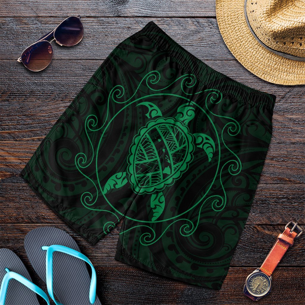 Hawaiian Map Turtle Wave Polynesian Men's Shorts Green - AH Art - Polynesian Pride