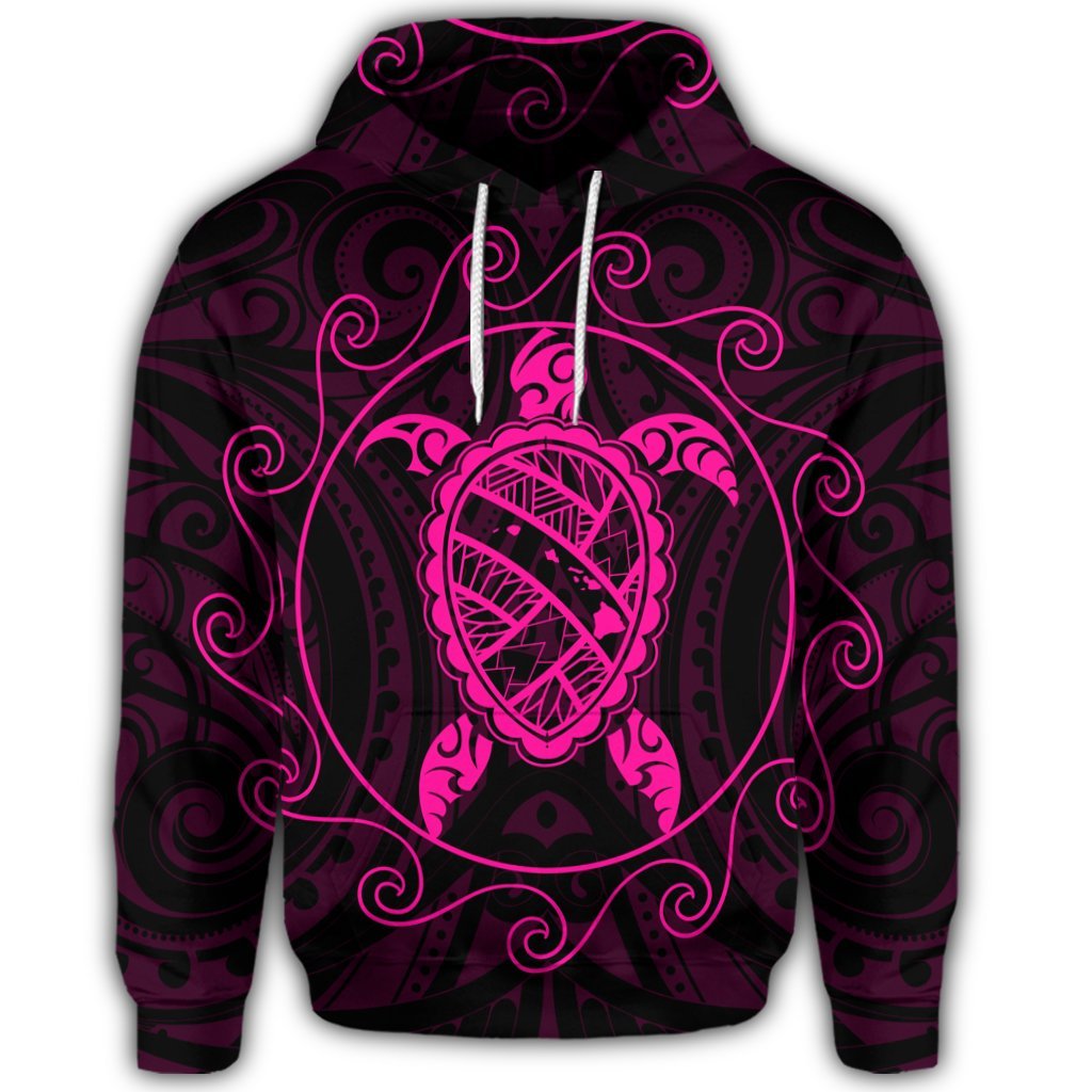 Hawaiian Map Turtle Wave Polynesian Hoodie Pink - Polynesian Pride