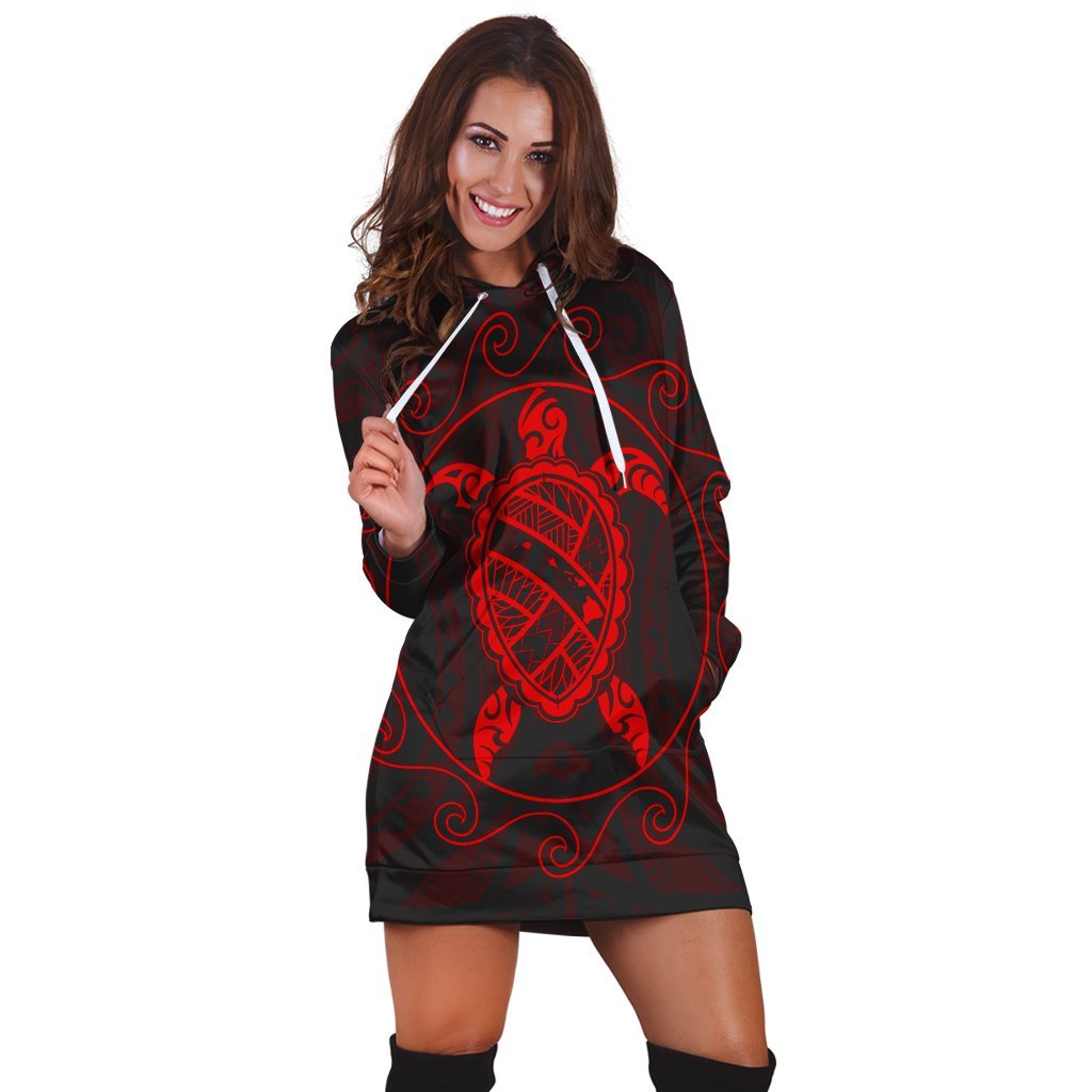 Hawaiian Map Turtle Wave Polynesian Hoodie Dress Red - AH - Polynesian Pride