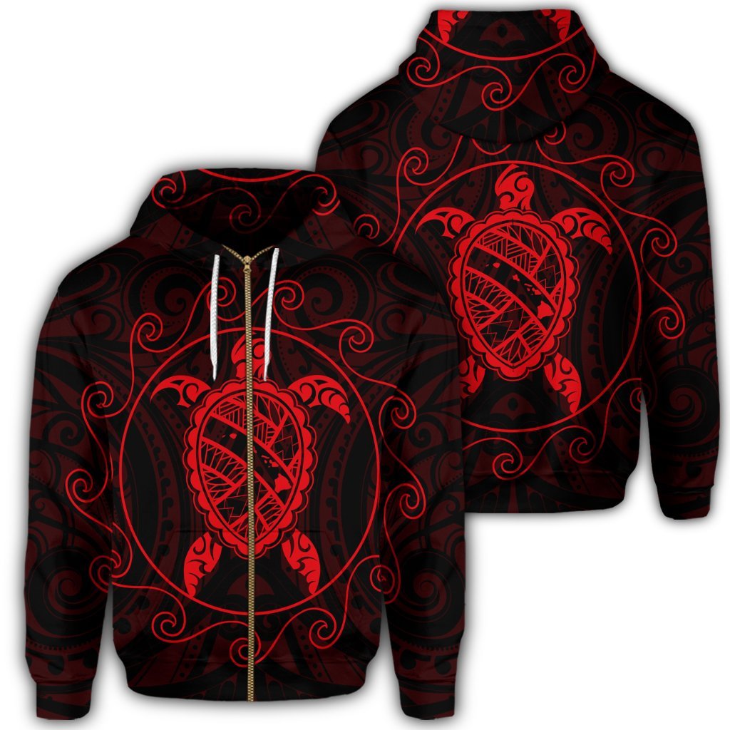 Hawaiian Map Turtle Wave Polynesian Zip Hoodie Red Unisex Art - Polynesian Pride