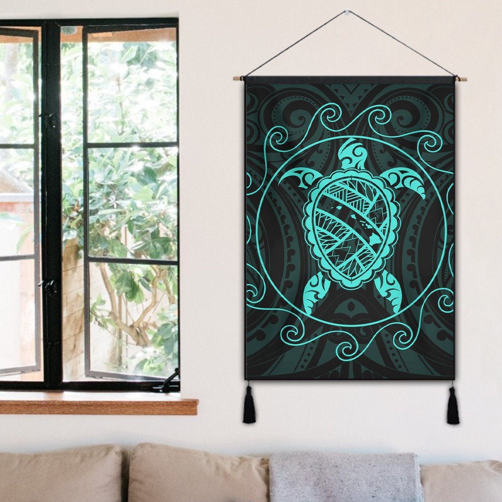 Hawaiian Map Turtle Wave Polynesian Hanging Poster Turquoise - AH - Polynesian Pride