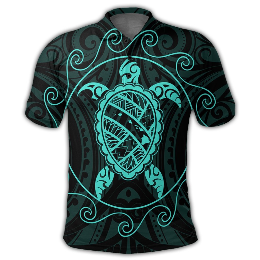 Hawaiian Map Turtle Wave Polynesian Polo Shirt Turquoise - Polynesian Pride