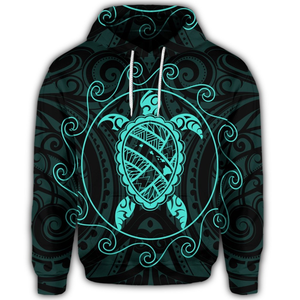 Hawaiian Map Turtle Wave Polynesian Hoodie Turquoise - Polynesian Pride